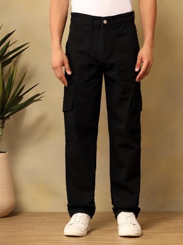 Image of KOTTY Mens Solid|Mid Rise| Utility Pocket|Button|Ankle Length Cargo Jeans