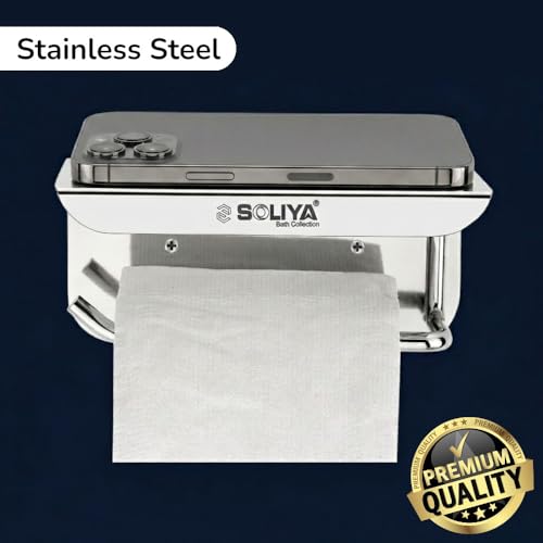 Image of Stainless Steel Toilet Paper Holder | with Mobile Stand | Toilet Paper Roll Holder for Bathroom | Wall Mounted Tissue Paper Holder with Shelf for Bathroom