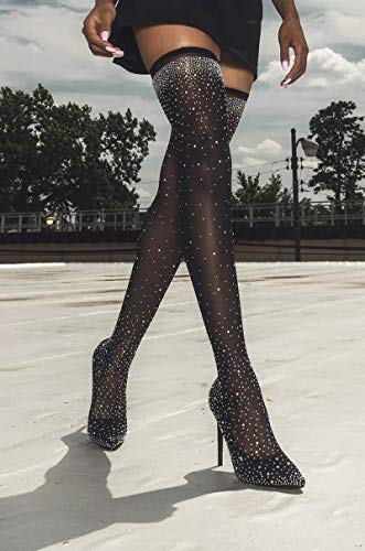 Womens Fine Stretch Mesh Socks Fit Sparkly Glamor Sexy Thigh High Heeled Boots with Rhinestones2