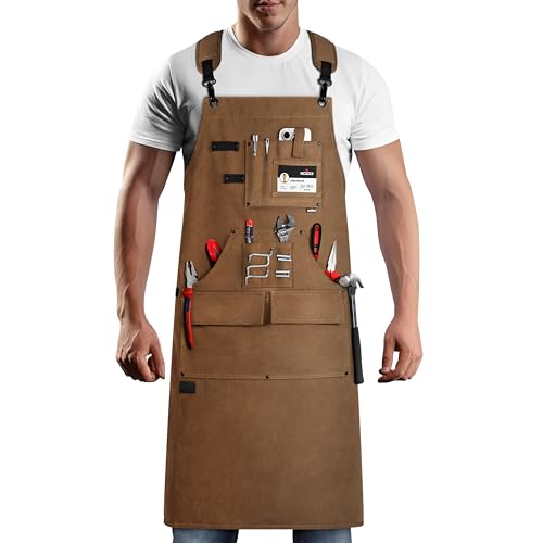 NoCry Woodworking Apron for Men — Reinforced Pockets with Metal Rivets, Magnetic Holder & Leather Tool Loops — Shop Aprons for Men with Cross-Back Straps, Non-Slip Shoulder Pads & Quick-Release Buckle