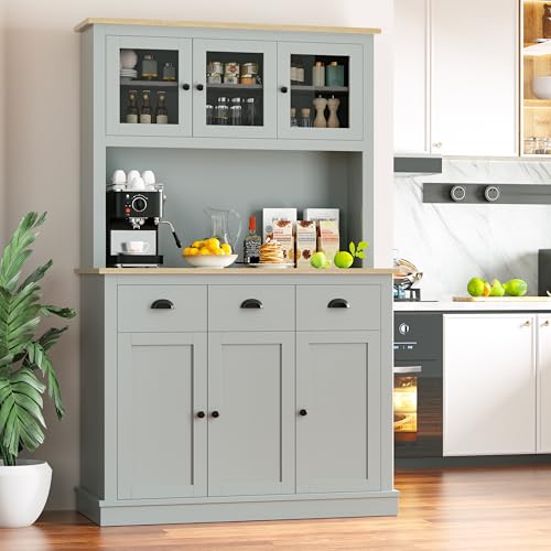 Image of MU 71 inch Kitchen Pantry Cabinet with Charging Station, Tall Pantry Hutch with Drawers, Countertop & Microwave Shelf, Food Storage Cabinet for Dining Room & Coffee Bar, Grey