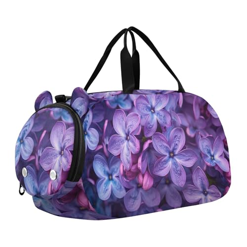 Purple Flowers Duffle Bag for Girl, Sports Duffle Gym Bags with Shoe Compartment, Personalized Overnight Bag Travel Weekender for Kids