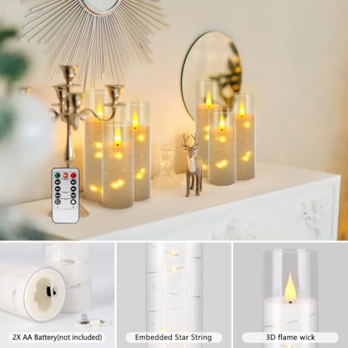 Image of 24 Pack Flameless Candles with Embedded Star String Fairy Lights, Battery Operated Candles, LED Candle, Fake Candles with Remote Control and Timer, White,(D2.2 x H 5 inch 6 inch 7 inch)