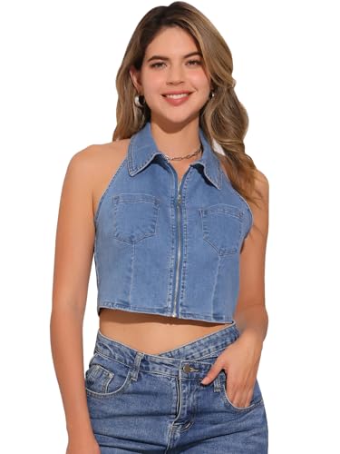Haut dos nu en jean femme vêtement denim sans manches col zippé Allegra K