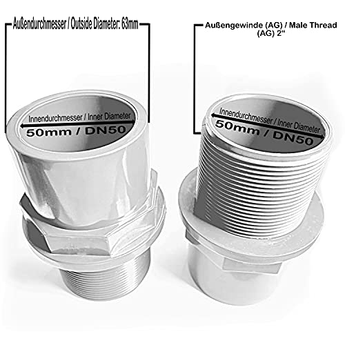 Adrenalin-Fishing PVC-U Tankdurchführung 50mm 63x50x2’’ mit 2X Klebemuffen Innendurchmesser & 63mm Außendurchmesser inkl. Dichtung Kontermutter