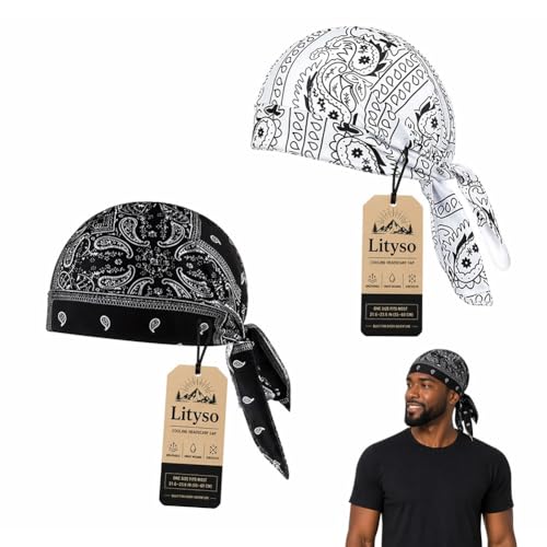 Lityso Elastic Cycling Sports Cap Skull Caps Bandana Stretch Cooling Headscarf Paisley Cool Helmet Wrap Pirate Scarves Hat (2Pcs-C One Size)