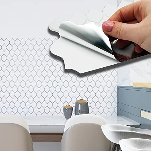 WALPLUS 28.5x14cm@12 pcs Brilliant White Silver Leaf Wall Tile Sticker Backsplash Tile Paint Stick on Tiles Peel and Stick Self Adhesive Wall Tiles Stickers for Kitchen Bathroom Tile Transfer