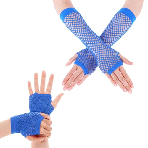 Yolev 2 Pairs Long Fingerless Fishnet Gloves Fingerless Short Fishnet Gloves Fishnet Mesh Fingerless Gloves 80s 90s Party Costume Accessories for Women and Girls (Royal Blue)