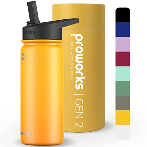 Proworks Gen 2 Insulated Water Bottles with Straw Lid, 1L Stainless Steel Water Bottle, 24 Hours Cold, 12 Hours Hot Drinks, Metal Leakproof Flask for Gym, Travel - Sunflower Yellow