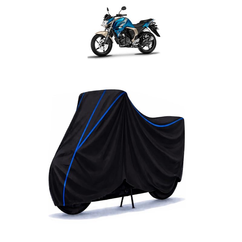 Image of FZ V3 BS6 Bike Cover Water Resistant Universal Motorcycle Rain | Heavy Duty UV Protection, Dust, Scratch Indoor Outdoor All Weather with Black Blue Piping Elastic