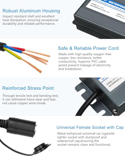 ALITOVE AC to DC Converter 110V to 12V 12.5A 150W Max Outdoor Power Supply 13ft IP67 Waterproof AC/DC Adapter with Car Cigarette Lighter Socket for Car Vacuum Fridge Tire Inflator