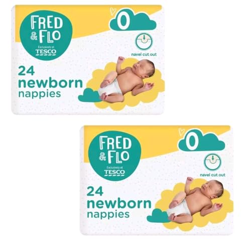 Bizzal Fred & Flo Newborn Nappies Cottony Soft for Delicate Skin Size 0 with Navel Cut Out 24 Count Pack of 2 Exclusive to Tesco