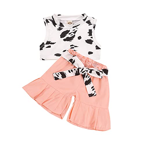 Conjunto de 2 piezas de ropa de verano con estampado de vaca creativa sin mangas y pantalones cortos de encaje