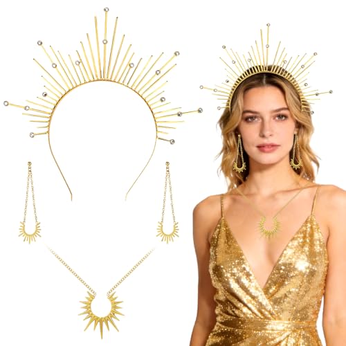 Ruichi 4 Stück Haarreif Sonne Haarreif Gold Haarschmuck Sonne Halskette Goldene Göttin Sonnenkrone Kopfschmuck für Frauen Karnevalskostüme Cosplay Party Göttinnen Zubehör Accessoires