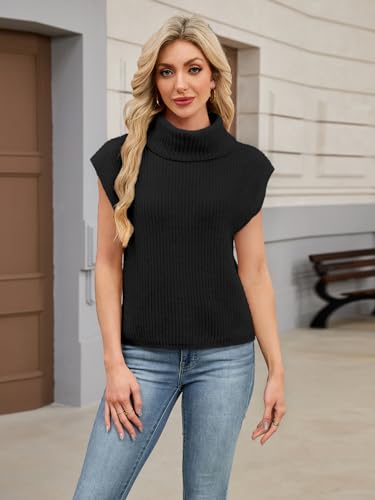 SunnyMelody Womens High Neck Cap Sleeve Pullover Sweater Fall 2026 Turtleneck Cashmere Loose Fit Knit Sweaters Top Black M — view 2
