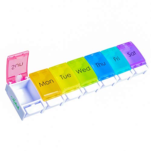 7 Day Pill Organizer Push Button Once a Day Pill Case Weekly Rainbow Colored Large Medicine Container Daily Vitamin Box 1 Time a Day Dispenser for Fish Oil Supplements Prescription Medication