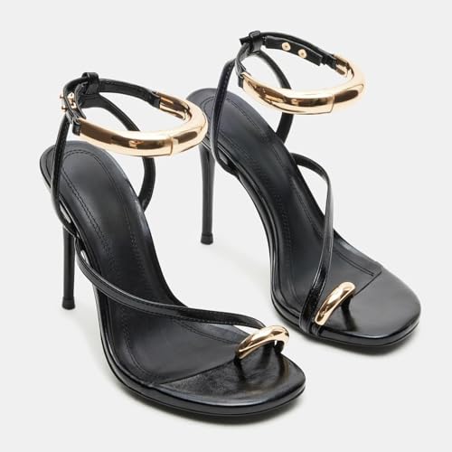 Yishaweiqi Metal Ankle Strap Heeled Sandals for Women Toe Ring Strappy Stiletto High Heels Square Toe Dress Sandals4
