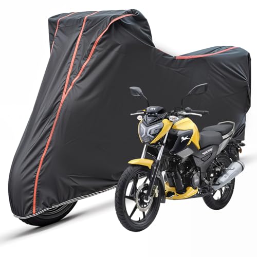 Image of Two Wheelers Bike Body Cover Compatible for TVS Raider 125, UV Resistant, Dustproof, Triple Stitched, Elastic Bottom, Red Piping Motorcycle Cover (Black, Pack of 1)