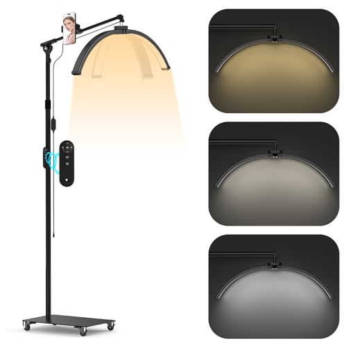 Luz de media luna, luz de pestañas de 28 pulgadas para extensión de pestañas, lámpara LED plegable de media luna con ruedas, 3 modos de color, lámpara de pie con soporte para teléfono para tecnología