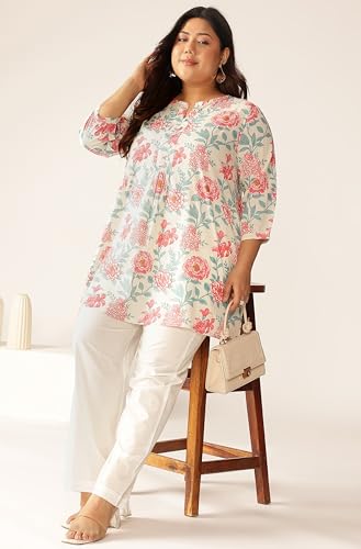 Image of Janasya Women's Plus Size Off White Pure Cotton Floral A-Line Tunic