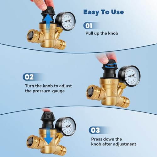 Image of RV Water Pressure Regulator Kit, All in One Camper Fresh Water Kit - Inline Water Filter, Flexible Hose Protector, Brass Hose Elbow, Teflon Tape, 2 Way Y Splitter, Toolbox, 3 /4 Hose Quick Connects