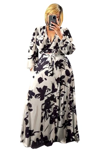 Image of Plus Size Women's 2 Piece Outfits Casual Long Sleeve Wrap Crop Top Maxi Long Dress Flowy Matching Sets