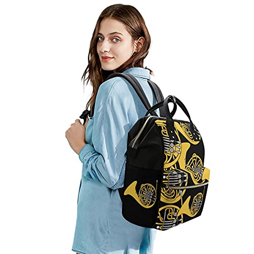 French Horn Mommy Backpack Waterproof Shoulder Bag Casual Large Daypack For Travel Shopping Business Black-Style #TOP3