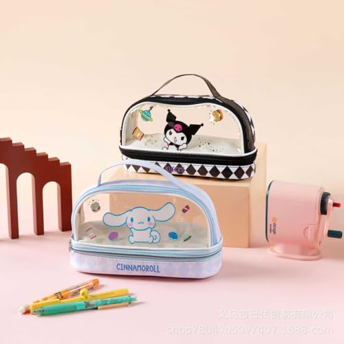 Image of Jade Dog Cartoon Storage Pen Bag - Large Capacity Transparent Double Layer Portable Stationery Case - Blue Pencil Case for Girls & Boys Multifunctional Soft Pouch for School Kids