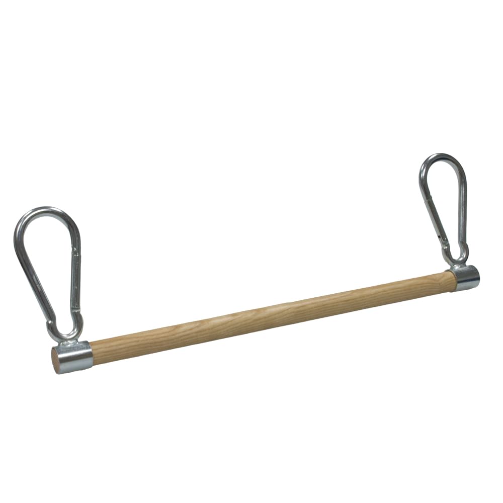 Trapezstange aus Holz 75 cm – mit fest verschweißten großen Karabinerhaken (20 × 10 cm) – Turnstange für Kinder & Erwachsene – ideal zum Einhängen in Turnringe – Belastbar bis 80 kg