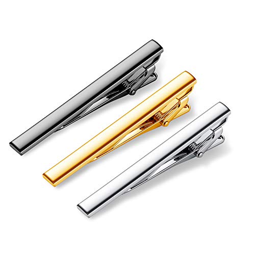 AOLIWEN 3pcs Mens Tie Clip Tie Tack Pins Tie Clips Gold Silver Necktie Bar Pinch Clip Set 2.3 inch Metal Clasps (006)