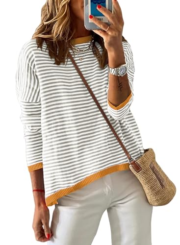 Image of Womens Striped Lightweight Cotton Sweaters Long Sleeve Crew Neck Color Block Casual Knitted Pullover Tops
