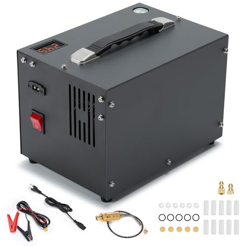 PCP Air Compressor with Manual Shut Down, 4500Psi/30Mpa, Water/Oil-Free, Powered by 12V DC/120V AC, Fan Cooling System, PCP Compressor for Air Rifle, Paintball and Scuba Tank Compressor Pump (Gray)