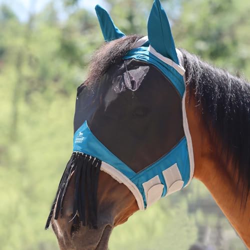 Image of Harrison Howard CareMaster Horse Fly Mask with Ears and Nose Fringe Fly Protector Defender Mask Sky Blue Full Size