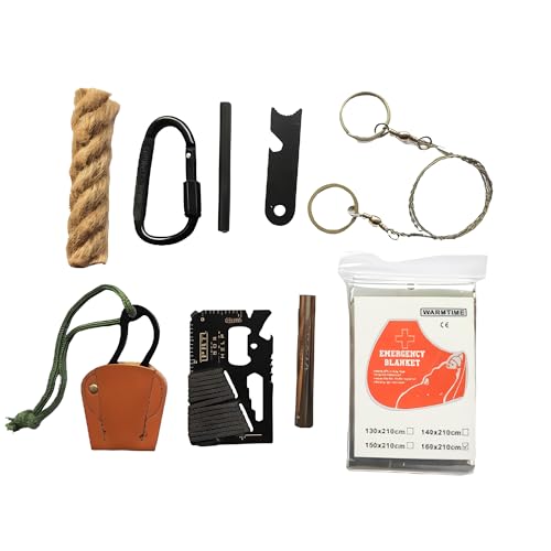 Emergency Fire Stater 6 Bags Magnesium Ferro Striker Saw Wire Multi Purpose Tool Blanket Wax Rope Camping Hiking Bushcraft + 1 Free Tin Can (Mg + FerroStriker + Tool + Saw + Blanket + WaxRope)