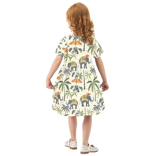 ALAZA Elephant Palm Tree Indian Girls Dress Short Sleeve Toddler Casual Dresses Summer Sundress 2-8T3