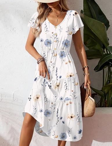 Image of Zeagoo Women's Summer Casual Dress Flutter Short Sleeve V Neck Button Down Tiered Flowy Long Dress with Pockets