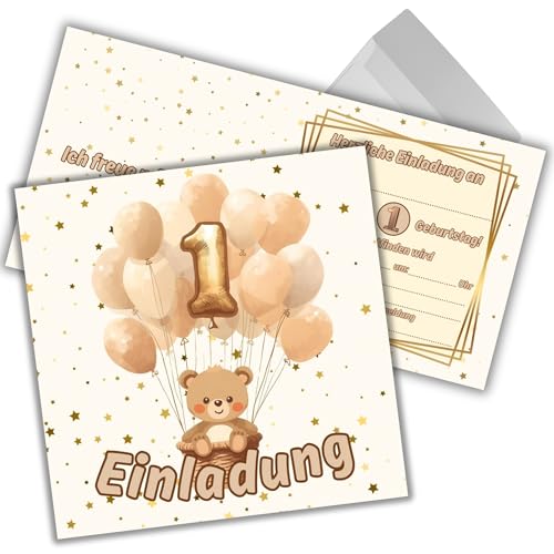 JOCERO Einladungskarten 1. Geburtstag – 12 Stück mit Umschlägen – Quadratisch 12x12 cm – Einladungskarten für Kindergeburtstag, Mädchen & Jungen – Set für die 1. Geburtstagsfeier