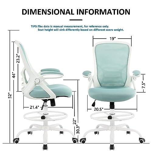 Image of HYLONE Drafting Chair Tiffany Blue, Tall Office Chair Standing Desk Stool with Adjustable Height, Foot Ring, Flip-Up Arms, Mesh High-Back Office Chair, White