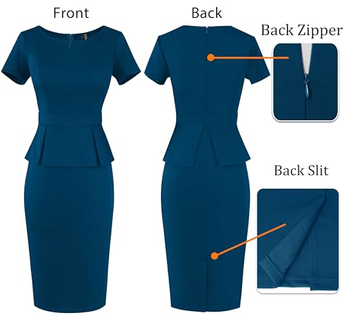 Image of VFSHOW Womens Work Business Office Front Zipper Peplum Bodycon Dresses Elegant Short Sleeve Slim Church Pencil Sheath Dress