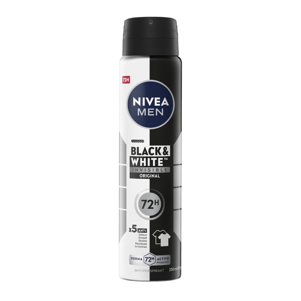 NIVEA MEN Invisible for Black & White Original Anti-Perspirant Deodorant Spray (250ml), 0% Alcohol Aerosol Spray, Anti-Mark Men's Anti-Perspirant Deodorant