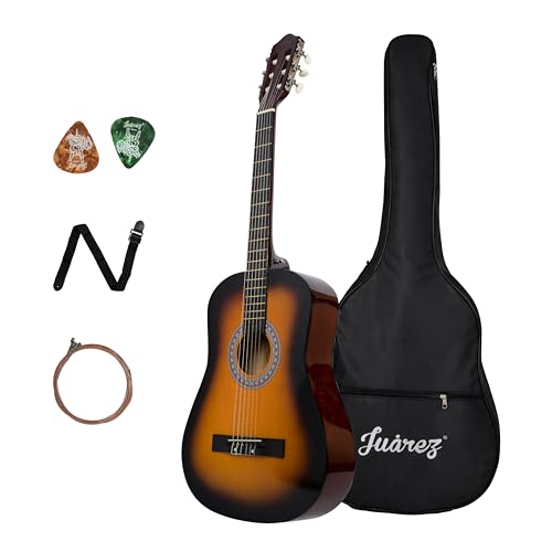 Image of Juarez 38 Inch Classical Guitar with Nylon Strings for Beginners, Finger-Friendly Full Size Guitar Kit with Bag, Picks, Strap & Extra Steel Strings for Upgrade, 3TS