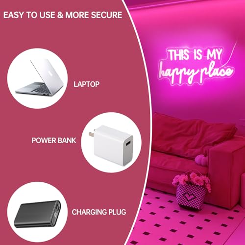 Neon Signs - 'This Is My Happy Place' Pink LED Neon Lights for Wall Decor, 16x9 Inches, Plastic Material, Rectangular Shape, USB Powered, Wall Mount