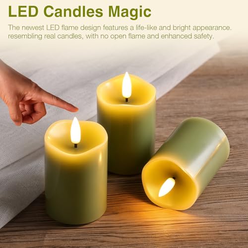 Image of Sage Green Flameless Votive Candles with Remote Batteries Set of 6 | 2x3 inch Small Flickering LED Pillar Candles, Battery Powered, Real Wax Coating, Home Table Shelf Decor