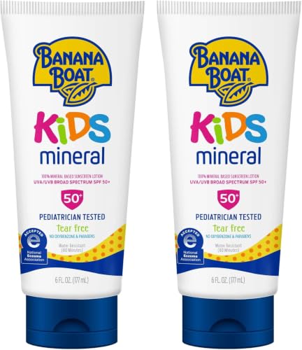 Image of Banana Boat 100% Mineral Kids Sunscreen Lotion SPF 50, Twin Pack | Banana Boat Mineral Sunscreen for Kids, Childrens Sunblock SPF 50, Oxybenzone Free, 6Fl Oz each (Pack of 12)
