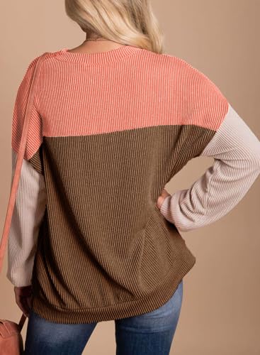 Image of Dokotoo Womens Tops Fashion 2026 Color Block Long Sleeve Shirts for Women Crewneck Knitted Casual Loose Blouses