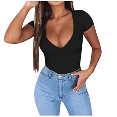 Shirts Summer,ODGear Deep V Neck Shirts Women Summer Short Sleeve Loose Casual Low Cut Basic Tee Tops Black