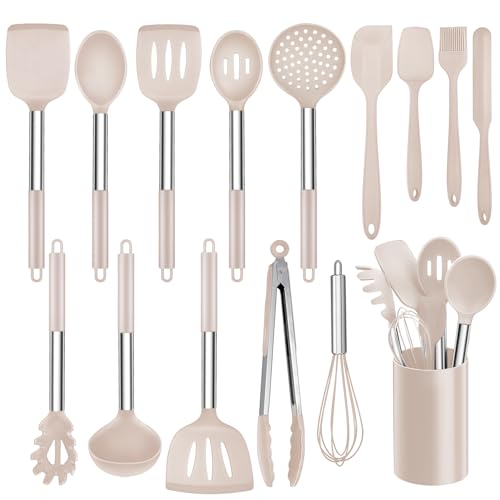 Kitchen Utensil Set, Homikit 15 Piece Silicone Cooking Utensils Spatulas Set with Holder, Heat Resistant Kitchen Tools Turners Spatulas Spoons for Non Stick Cookware, Stainless Steel Handle - Khaki