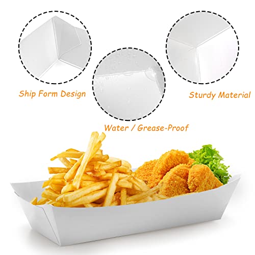 Lyellfe 200 Pack Paper Food Boats, 3 Lb Disposable Hot Dog Trays, Grease-proof White Kraft Take Out Food Serving Boat Holder for Party, Snack, French Fries, Concession Stand