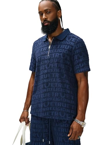 Polo True Religion para hombre de manga corta con logo de punto Terry, rayas universitarias y cuello con muesca en V miniatura 1
