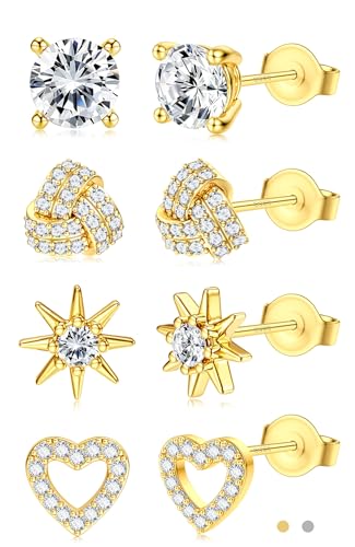 SAILIMUE Hypoallergenic Sterling Silver Stud Earrings for Women Men Brilliant Heart Knot Round Cubic Zirconia Earring Studs for Sensitive Ears Gold Silver Tone